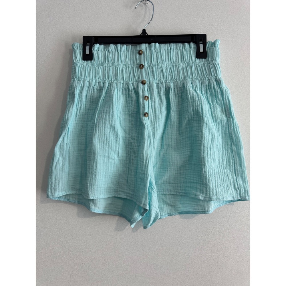Simply Southern Cotton Gauze Shorts‎ Womens S/M Aqua Blue Smocked Waistband